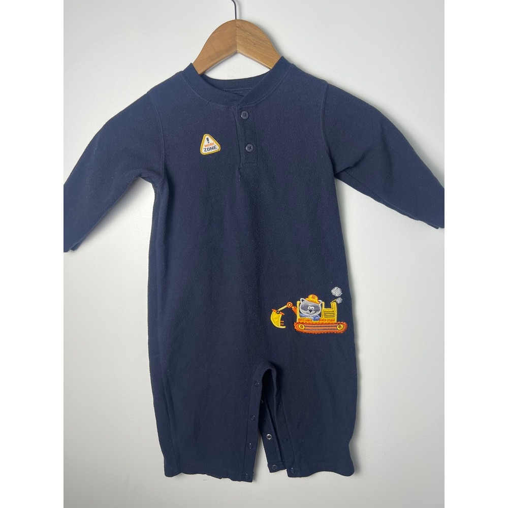 VTG Y2K Okie Dokie Fleece Romper Kids 24M Navy Blue Construction Excavator Retro